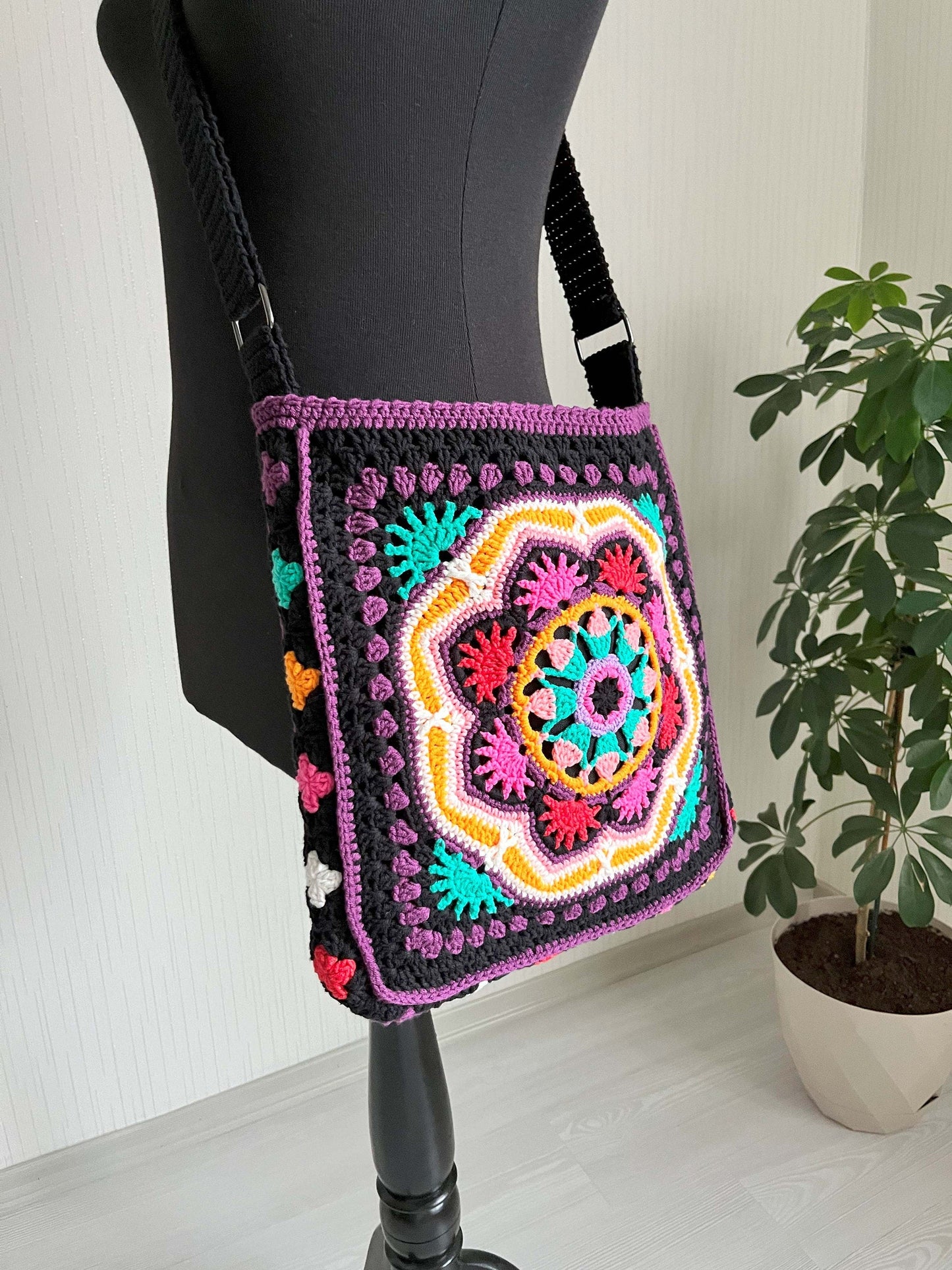 Crochet Crossbody Bag: Black Mandala Patchwork, Boho Hippie Style