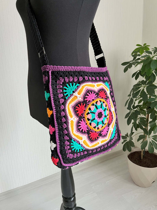 Crochet Crossbody Bag: Black Mandala Patchwork, Boho Hippie Style