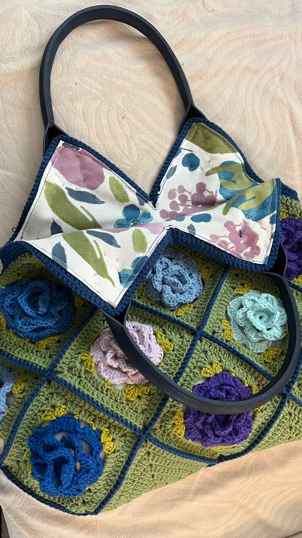 Handmade Crochet Granny Square Tote â€?3D Flower Pastel Boho Bag