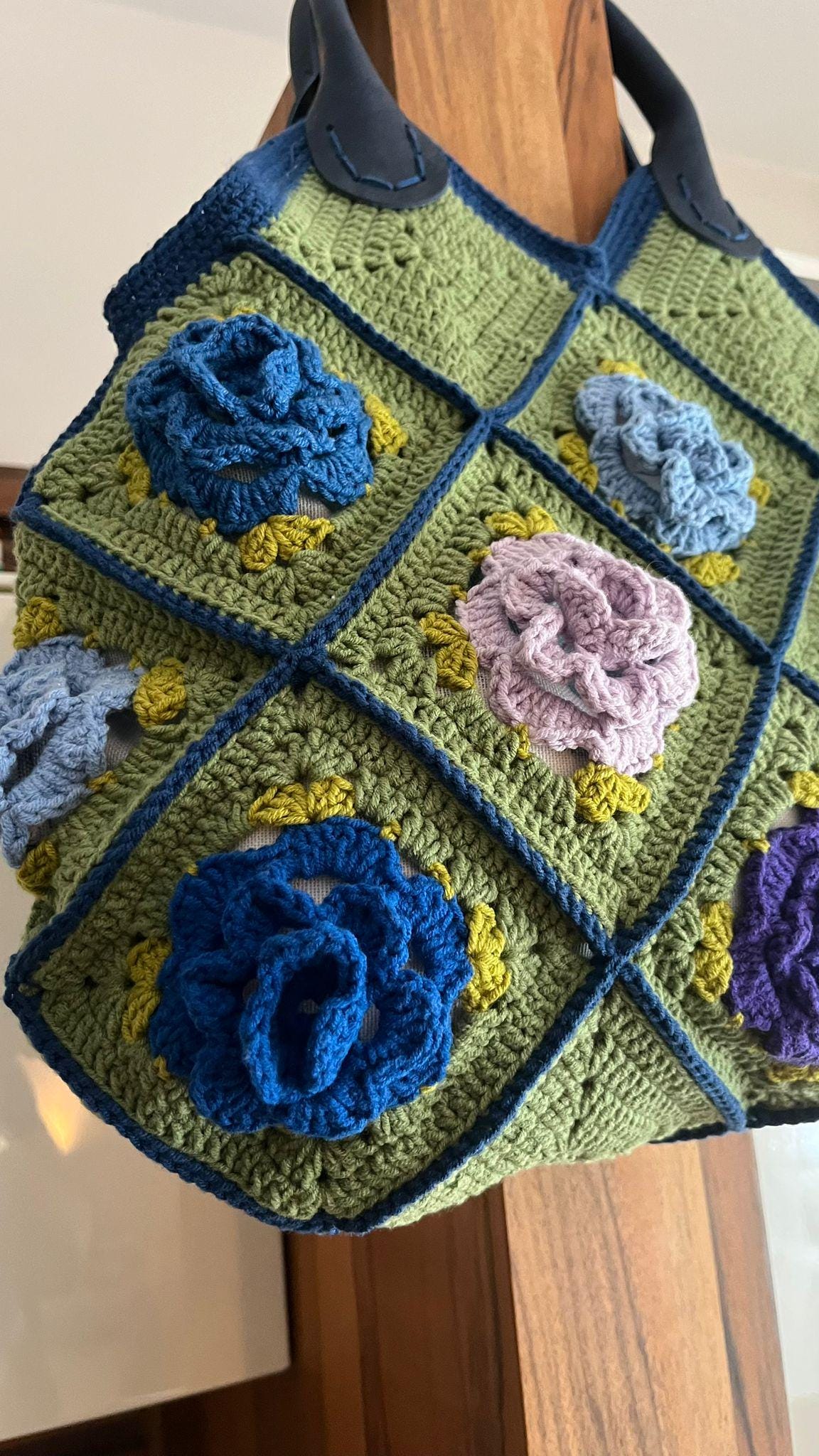 Handmade Crochet Granny Square Tote â€?3D Flower Pastel Boho Bag