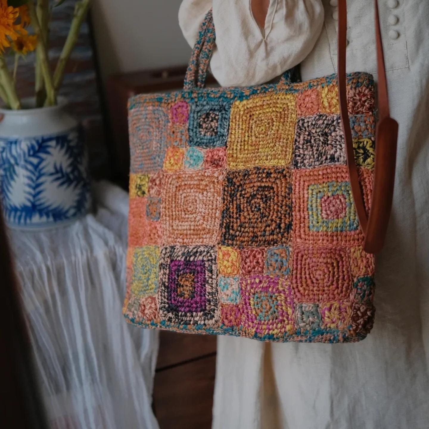 Handmade Crochet Raffia Tote Bag, Colorful Patchwork Boho Purse with Cotton Lining, Unique Artisan Beach Bag for Women,Gift for her