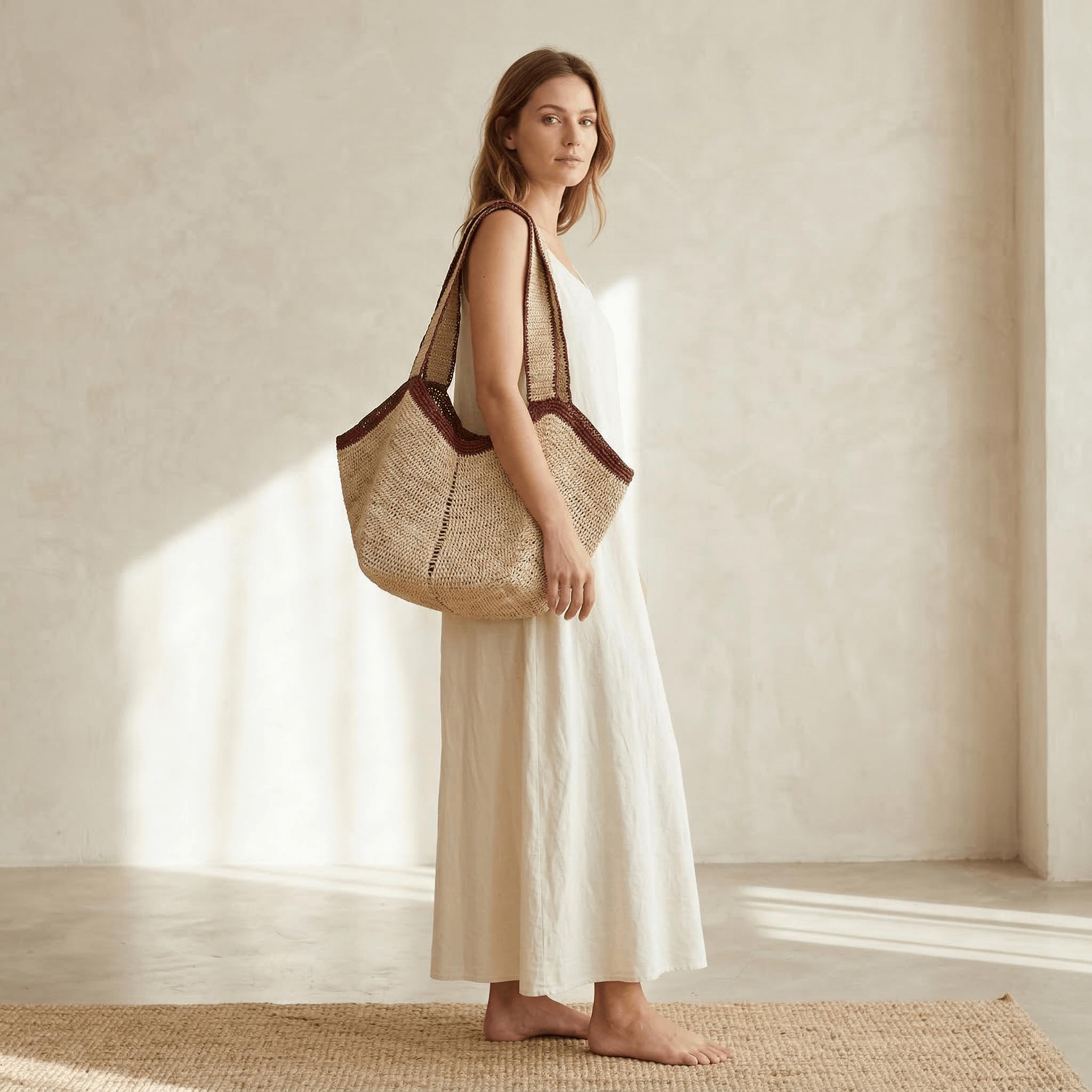 Large Angular Two Tone Slouch Raffia Straw Tote Bag