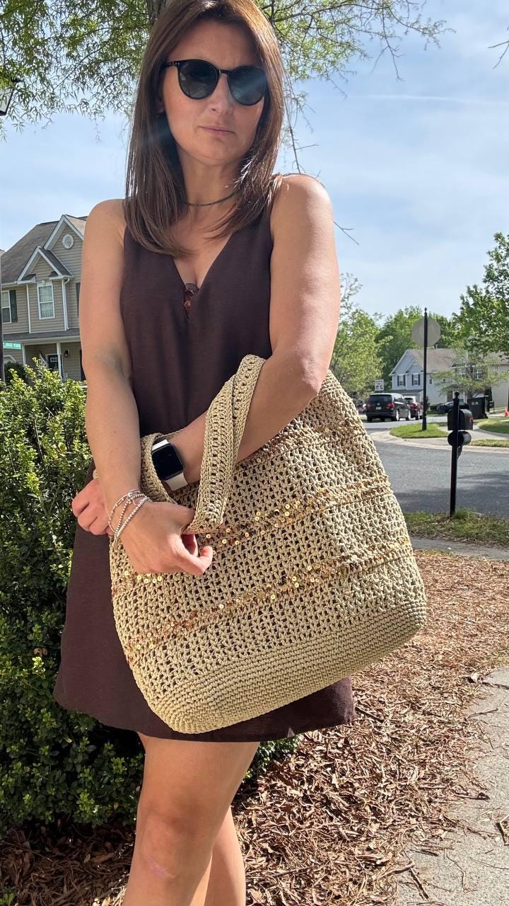 Handmade Raffia Crochet Tote Bag with Sequins, Boho Beach Accessory