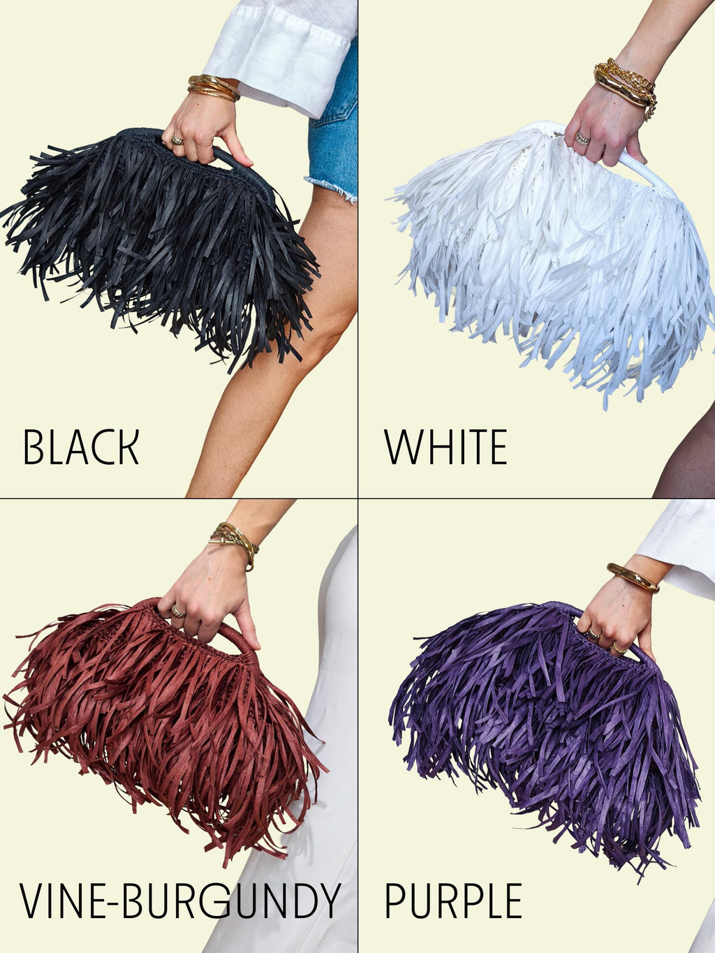 Black Raffia Fringe Clutch, Boho Top Handle Purse, Handmade Woven Handbag, Personalized Color Summer Bag, Statement Wedding Accessory