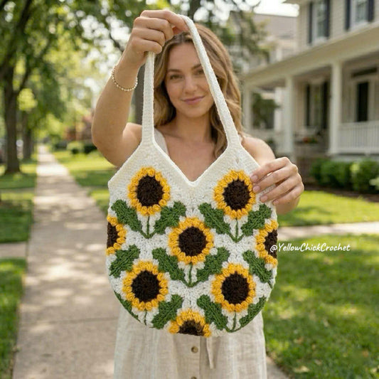 Sunflower Crochet Tote Bag, Handmade Floral Shoulder Bag with Lining, Boho Flower Purse, Mother's Day Gift for Mom, Summer Spring Accessory