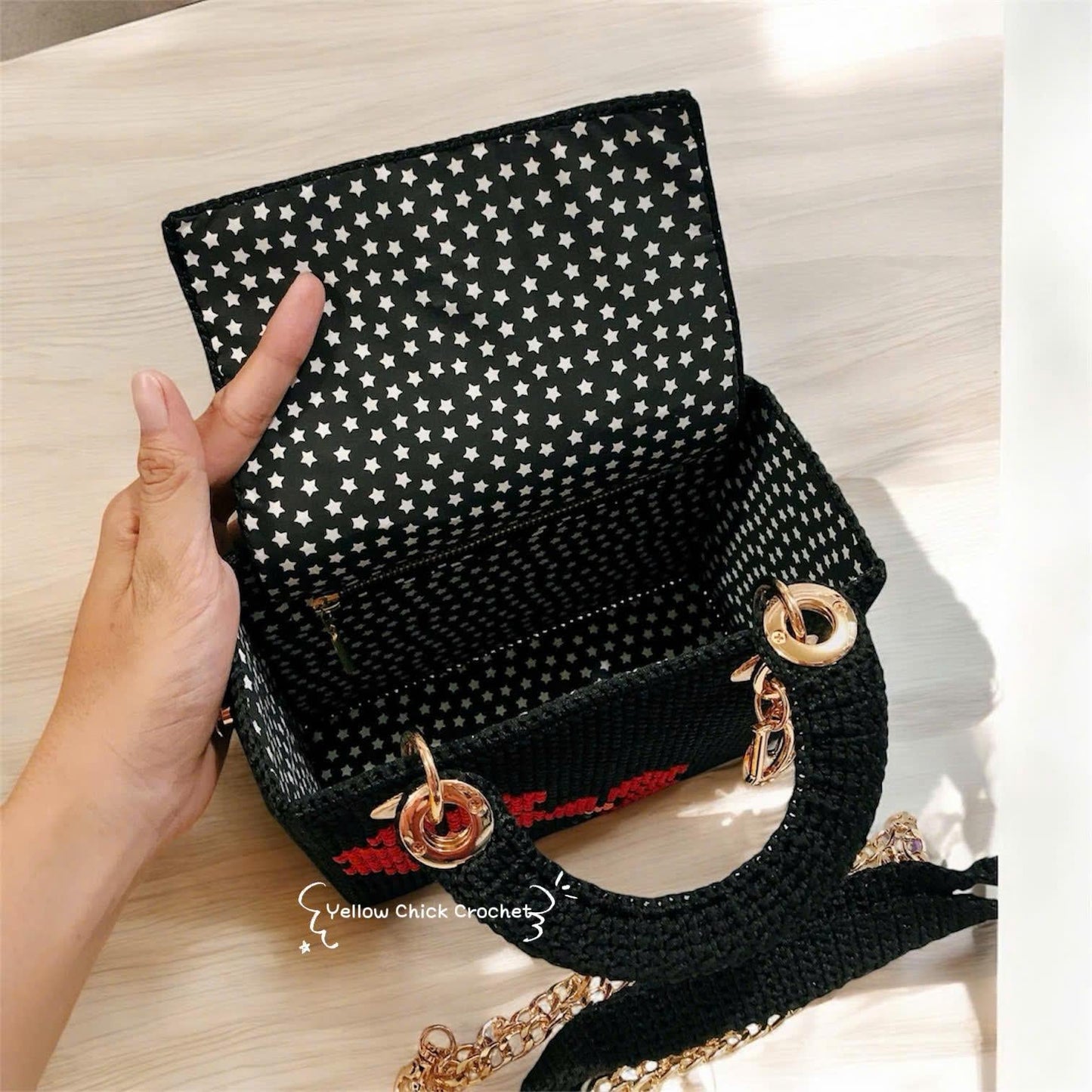 Rose Crochet Handbag, Black Box Bag with Red Rose, luxury bag, Rose bag, Mother's Day gift, elegent handmade bag