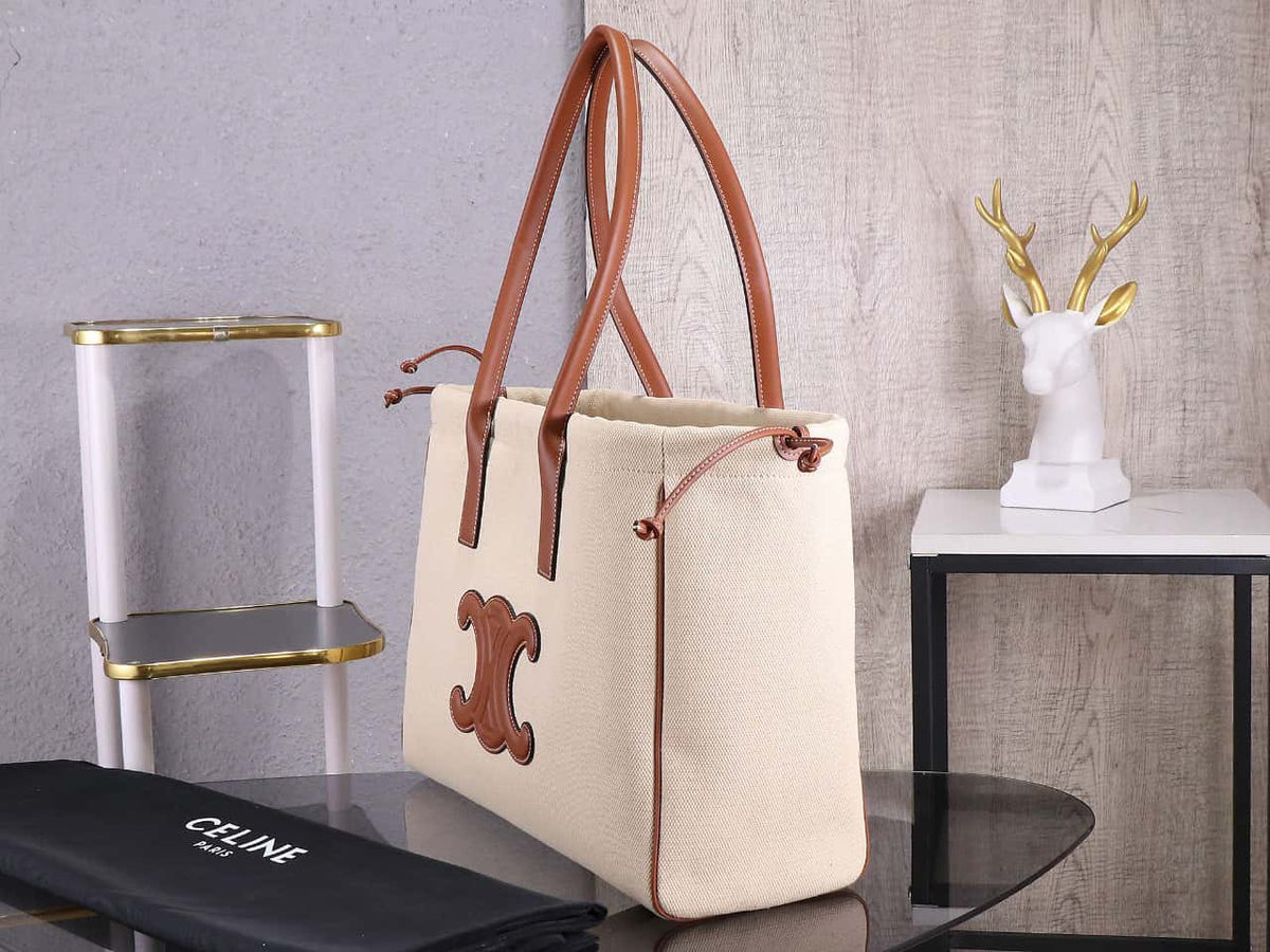 Celine Cabas Drawstring Cuir Triomphe In Textile And Calfskin Natural handbag