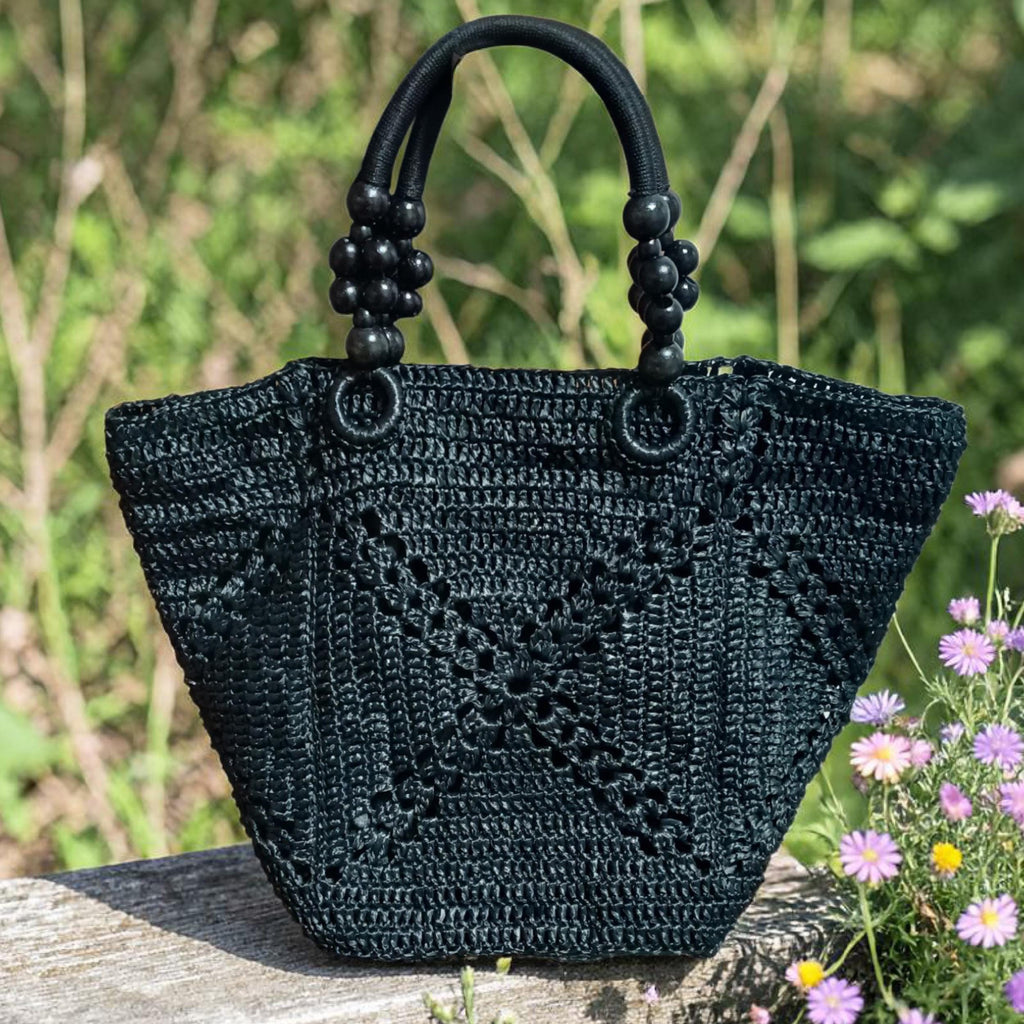 Handmade raffia tote bag, crochet large straw beach bag, summer woven handbag, black shoulder bag, big market bag for women, gift for her