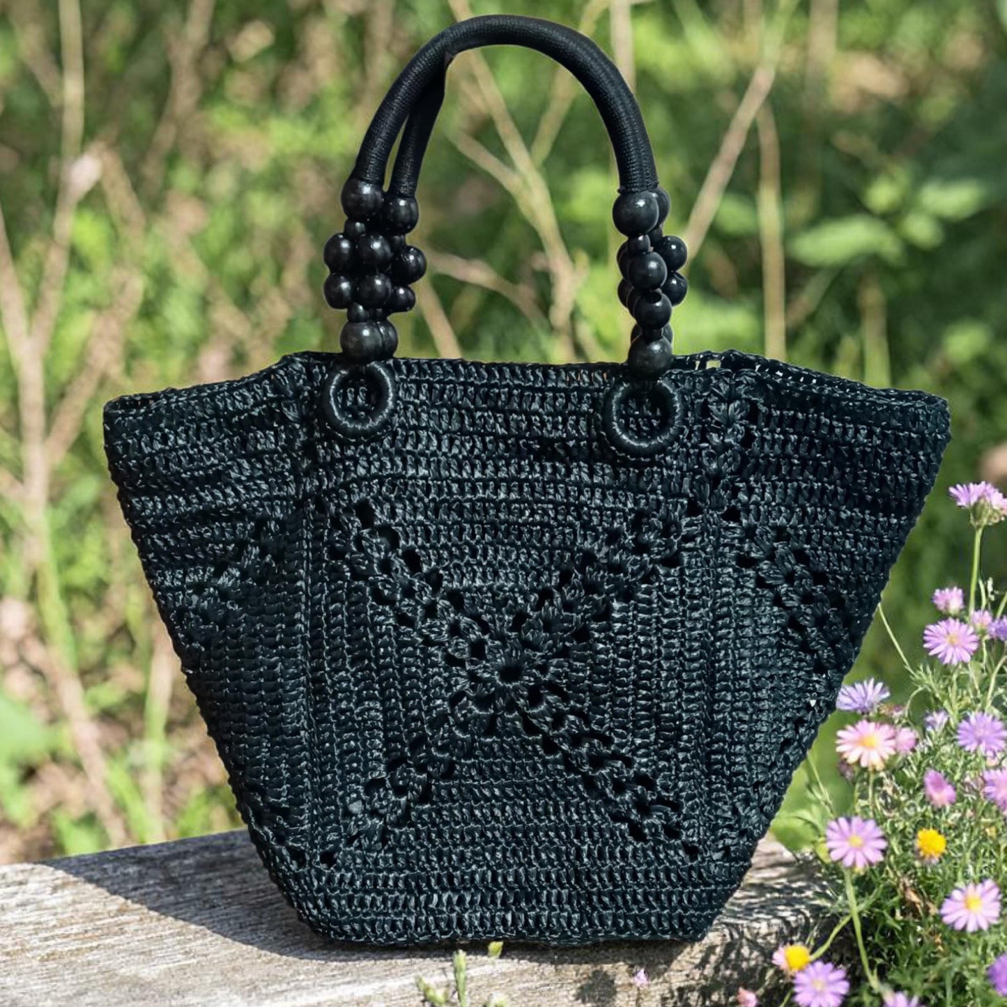 Handmade raffia tote bag, crochet large straw beach bag, summer woven handbag, black shoulder bag, big market bag for women, gift for her