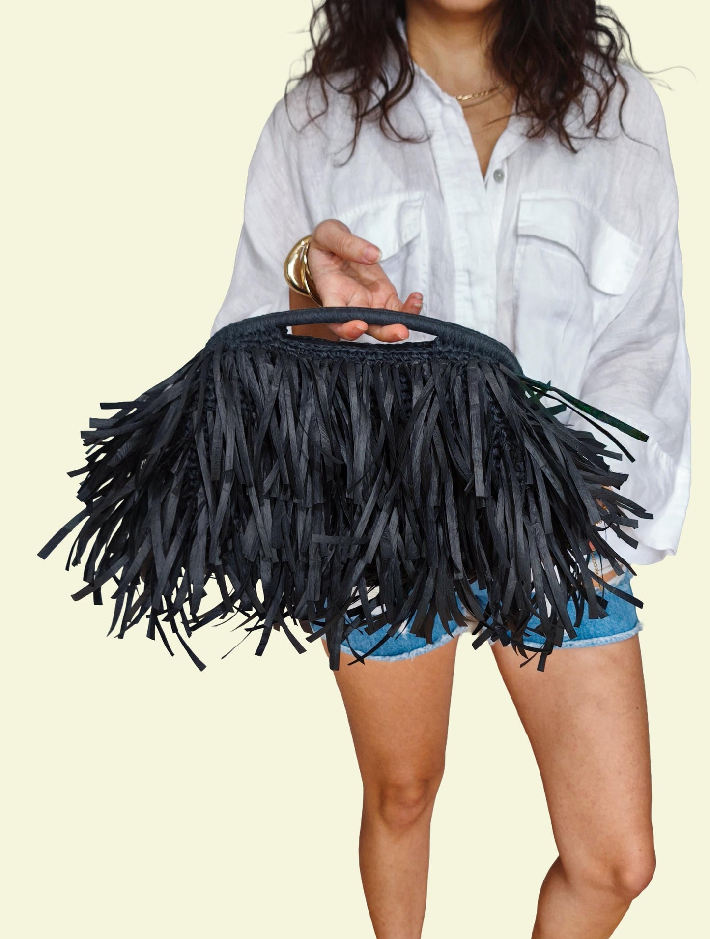 Black Raffia Fringe Clutch, Boho Top Handle Purse, Handmade Woven Handbag, Personalized Color Summer Bag, Statement Wedding Accessory