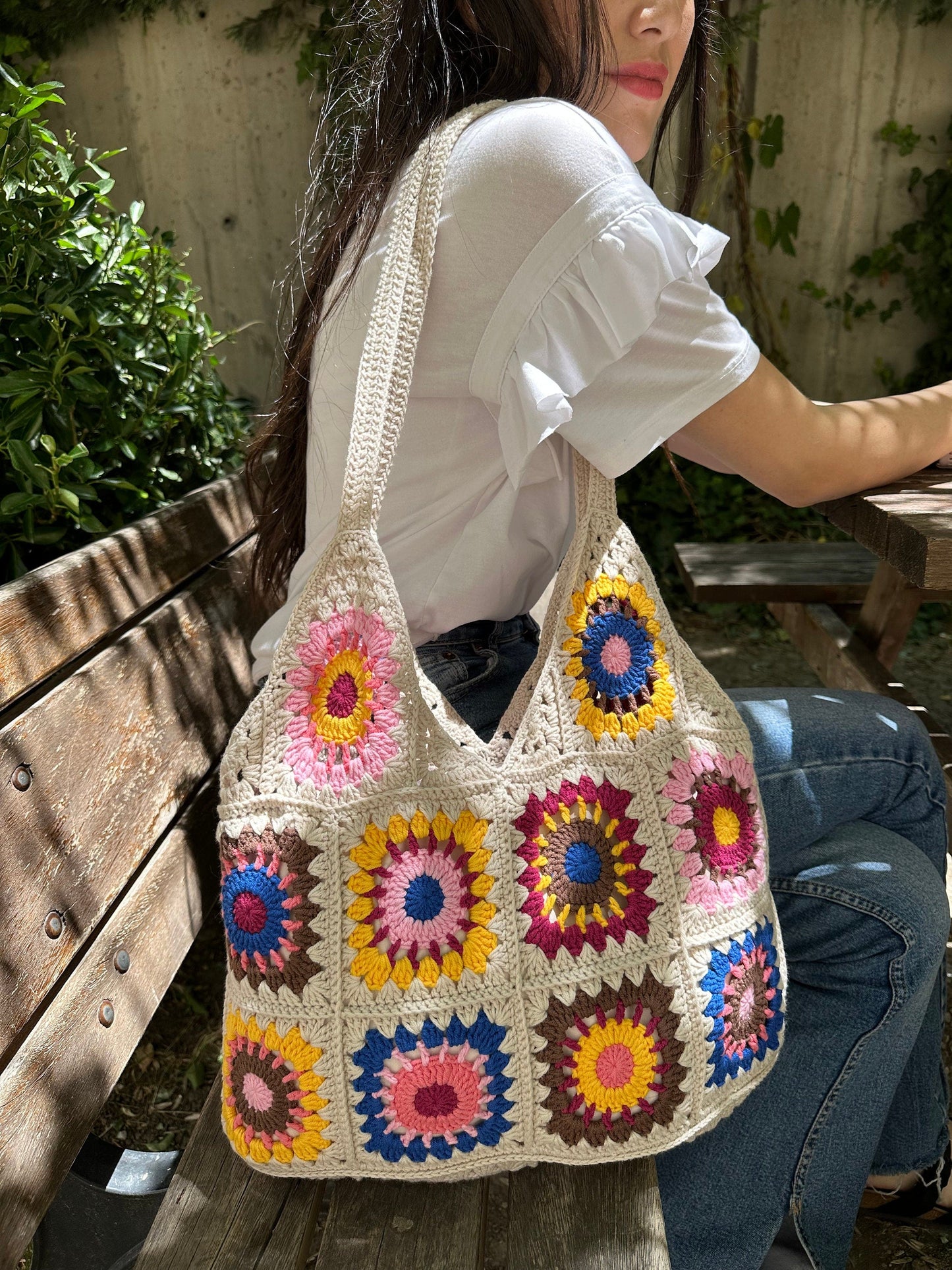 Crochet Granny Square Bag: Boho Patchwork Shoulder Bag, Handbags for Woman