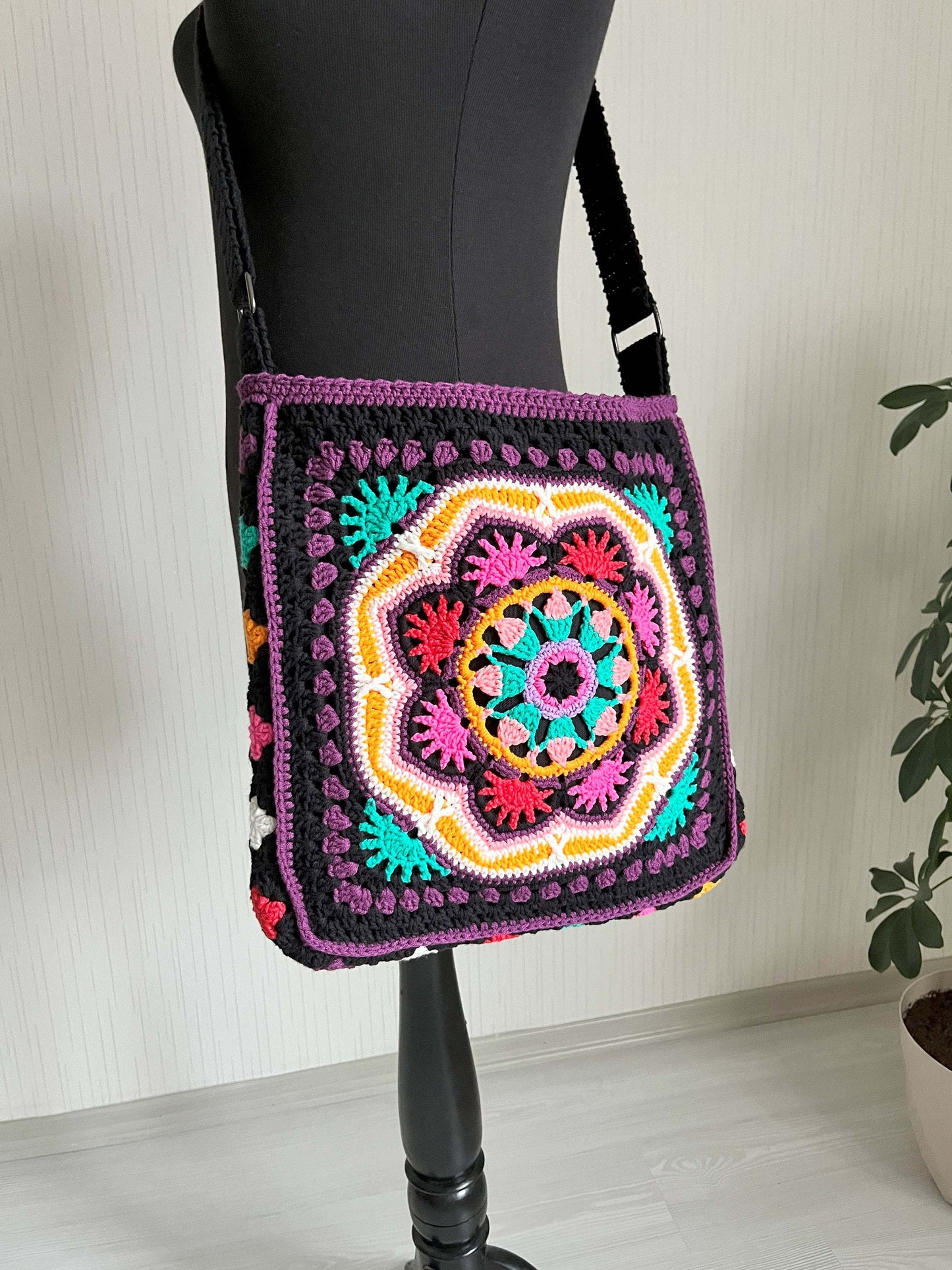 Crochet Crossbody Bag: Black Mandala Patchwork, Boho Hippie Style