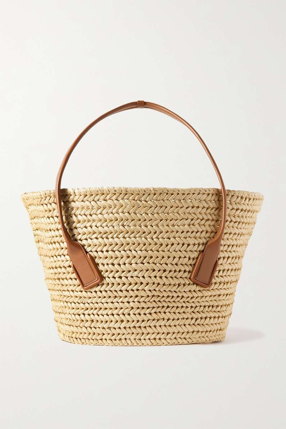 BOTTEGA VENETA Medium leather-trimmed raffia tote