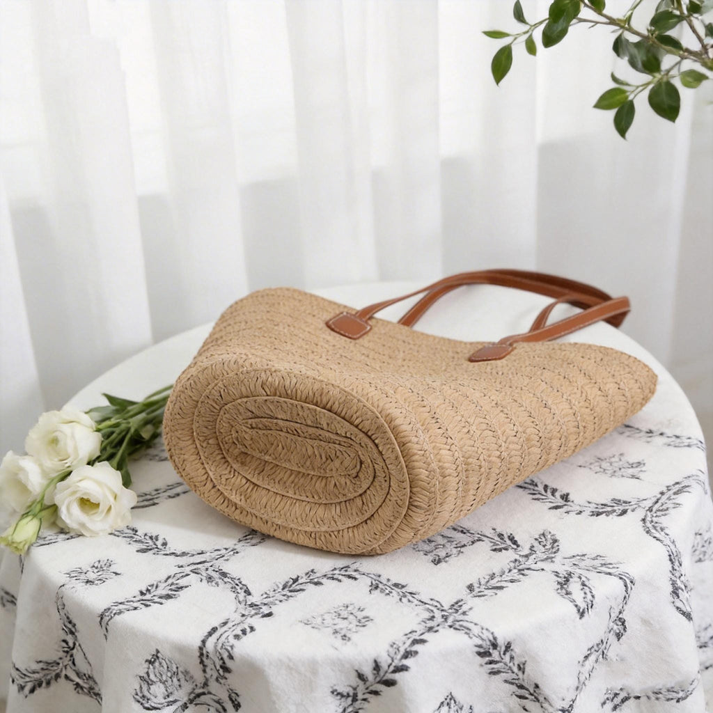 Handmade Straw Bag with Leather Handles | Summer Raffia Tote Hand Bag | Beach Vacation Purse
