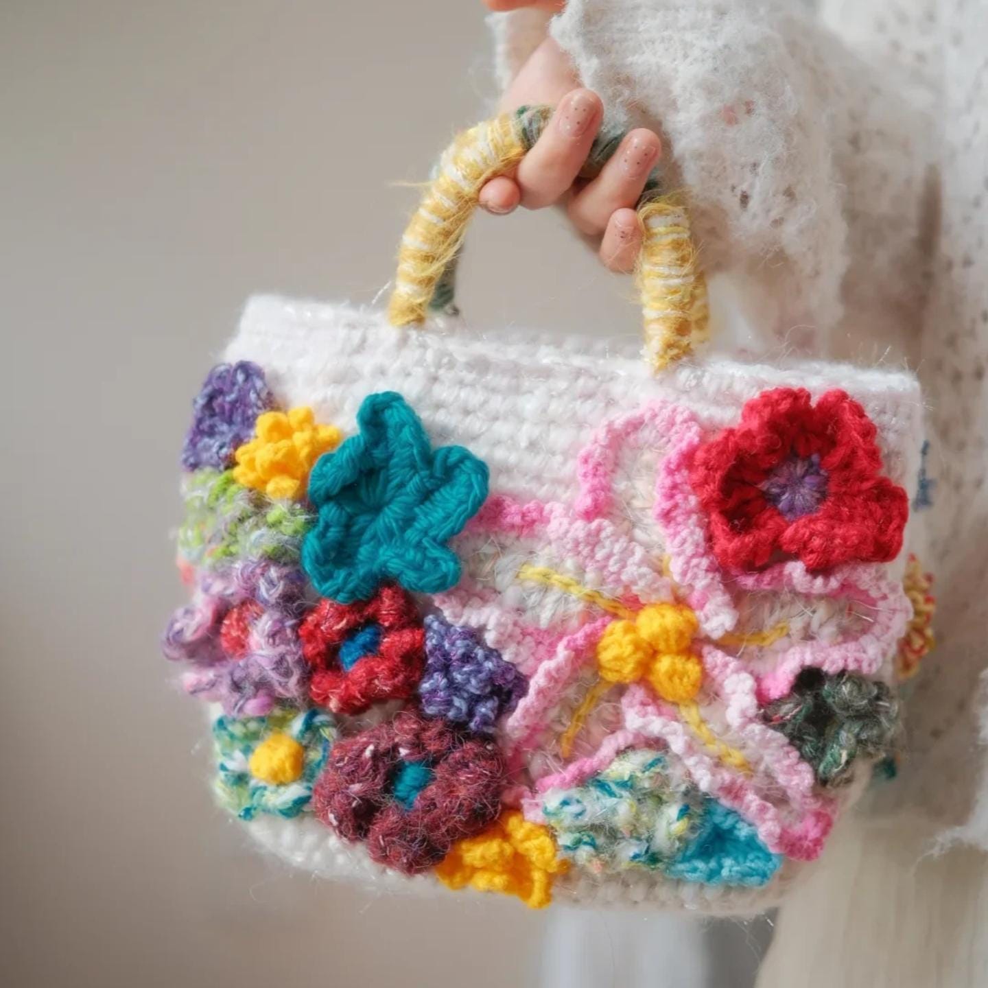 Handmade 3D Flower Crochet Bag, Boho Tote, Colorful Textured Knit Purse, Unique Artisan Handbag, Mother's Day Gift for Mom