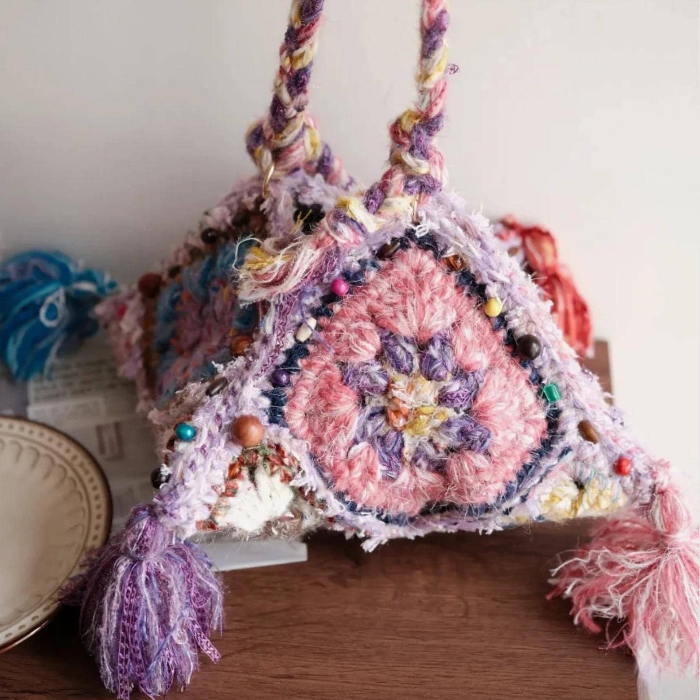 One-of-a-Kind Crochet Pyramid Bag, Hand-Blended Yarn Granny Square Tote, Boho Tassel Shoulder Bag, Unique Wearable Fiber Art Gift