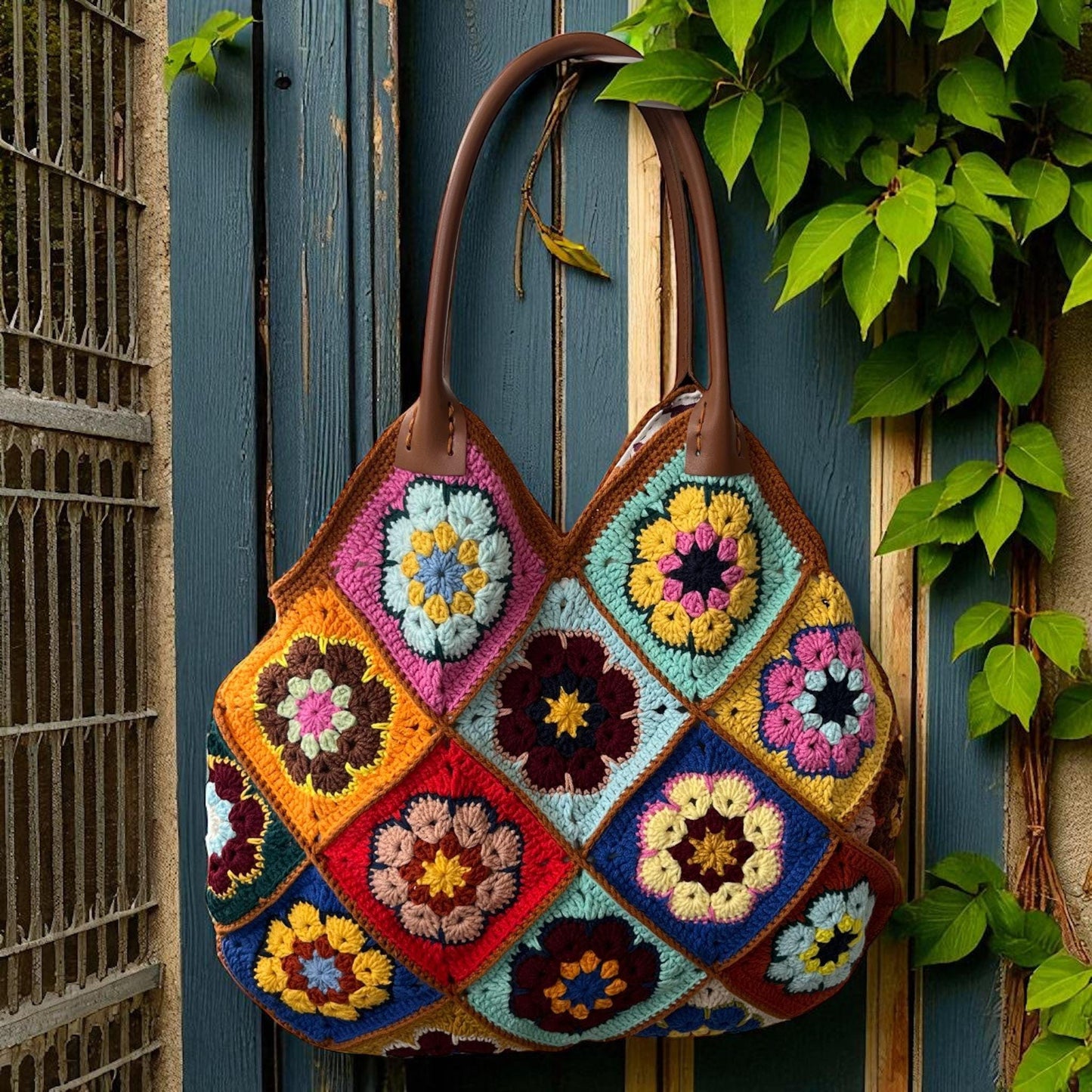 Colorful Crochet Granny Square Bag: Leather Handle Handmade Purse