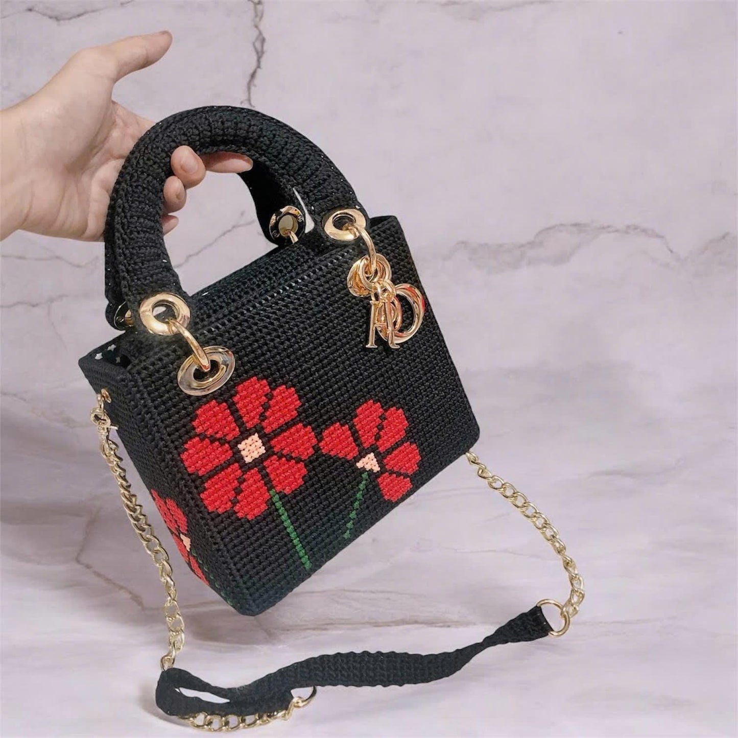 Rose Crochet Handbag, Black Box Bag with Red Rose, luxury bag, Rose bag, Mother's Day gift, elegent handmade bag