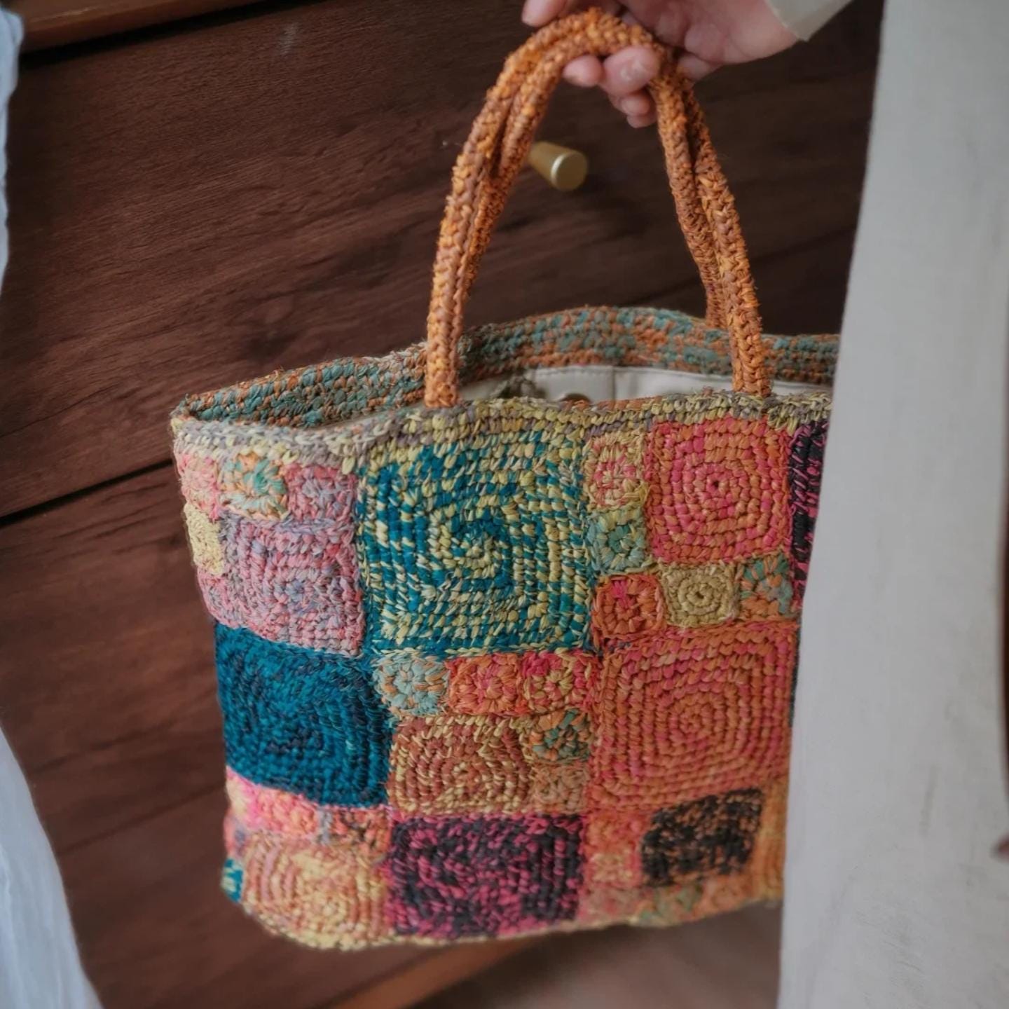 Handmade Crochet Raffia Tote Bag, Colorful Patchwork Boho Purse with Cotton Lining, Unique Artisan Beach Bag for Women,Gift for her