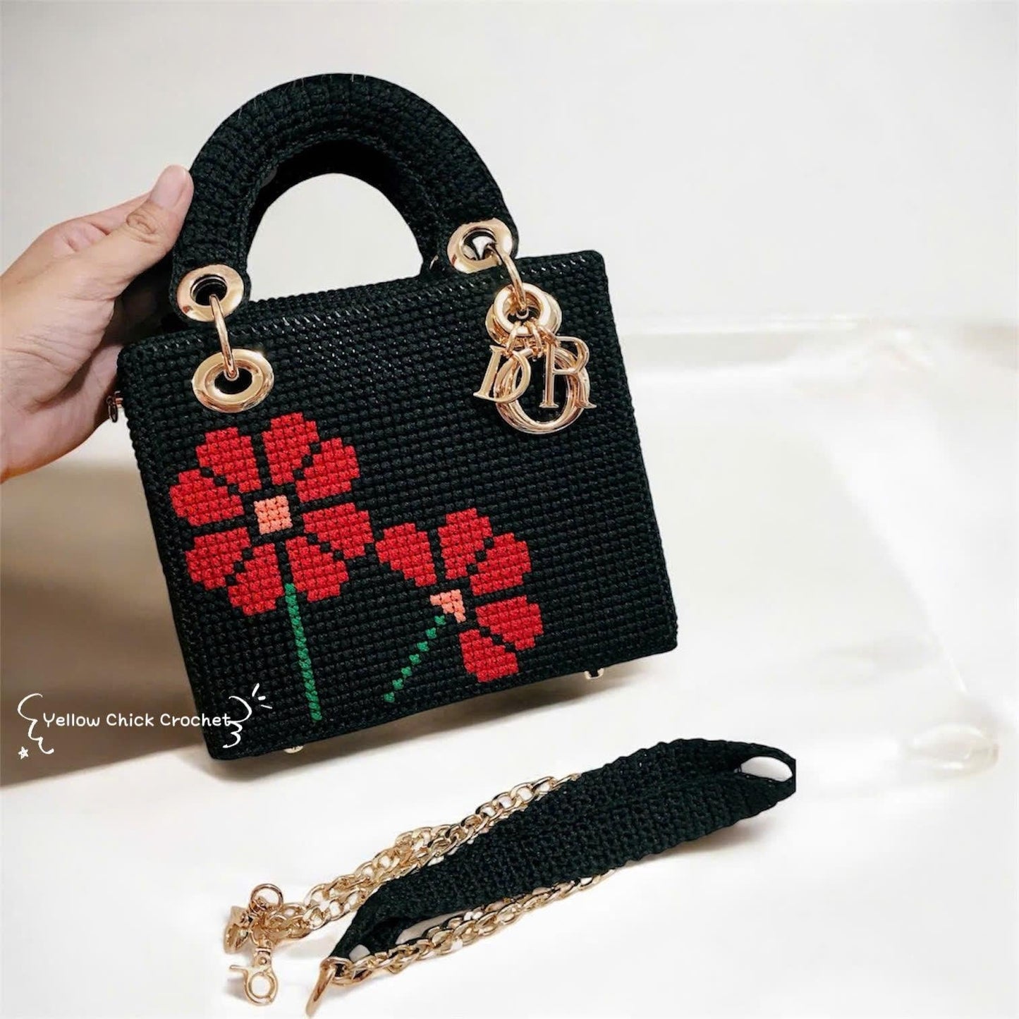 Rose Crochet Handbag, Black Box Bag with Red Rose, luxury bag, Rose bag, Mother's Day gift, elegent handmade bag