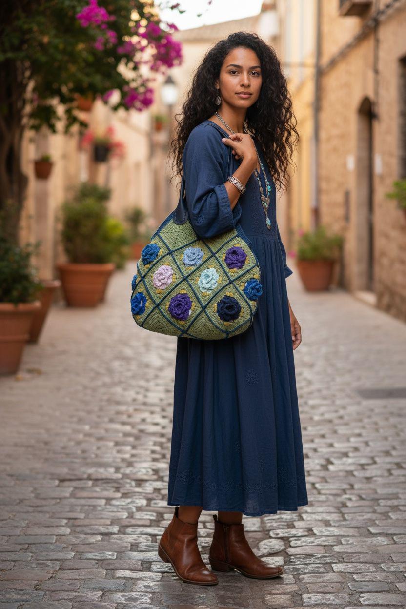 Handmade Crochet Granny Square Tote â€?3D Flower Pastel Boho Bag