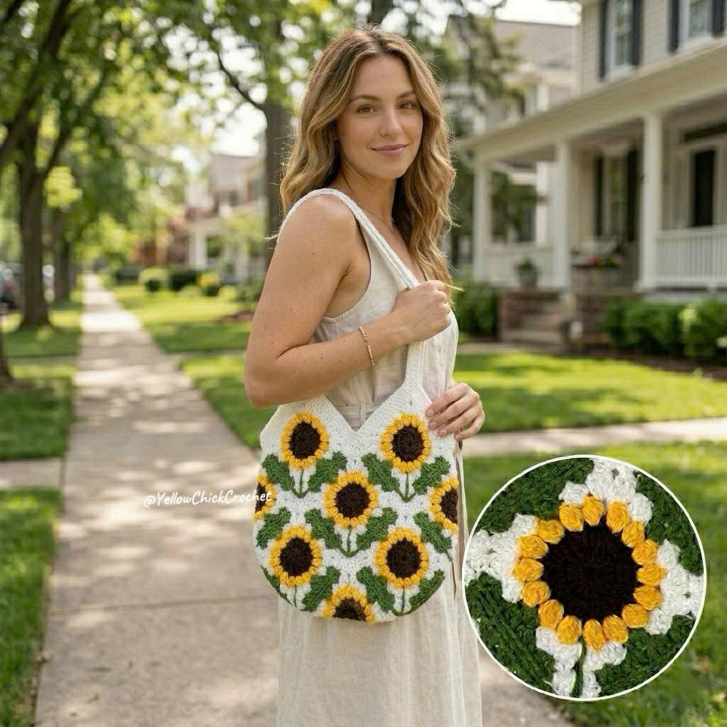 Sunflower Crochet Tote Bag, Handmade Floral Shoulder Bag with Lining, Boho Flower Purse, Mother's Day Gift for Mom, Summer Spring Accessory