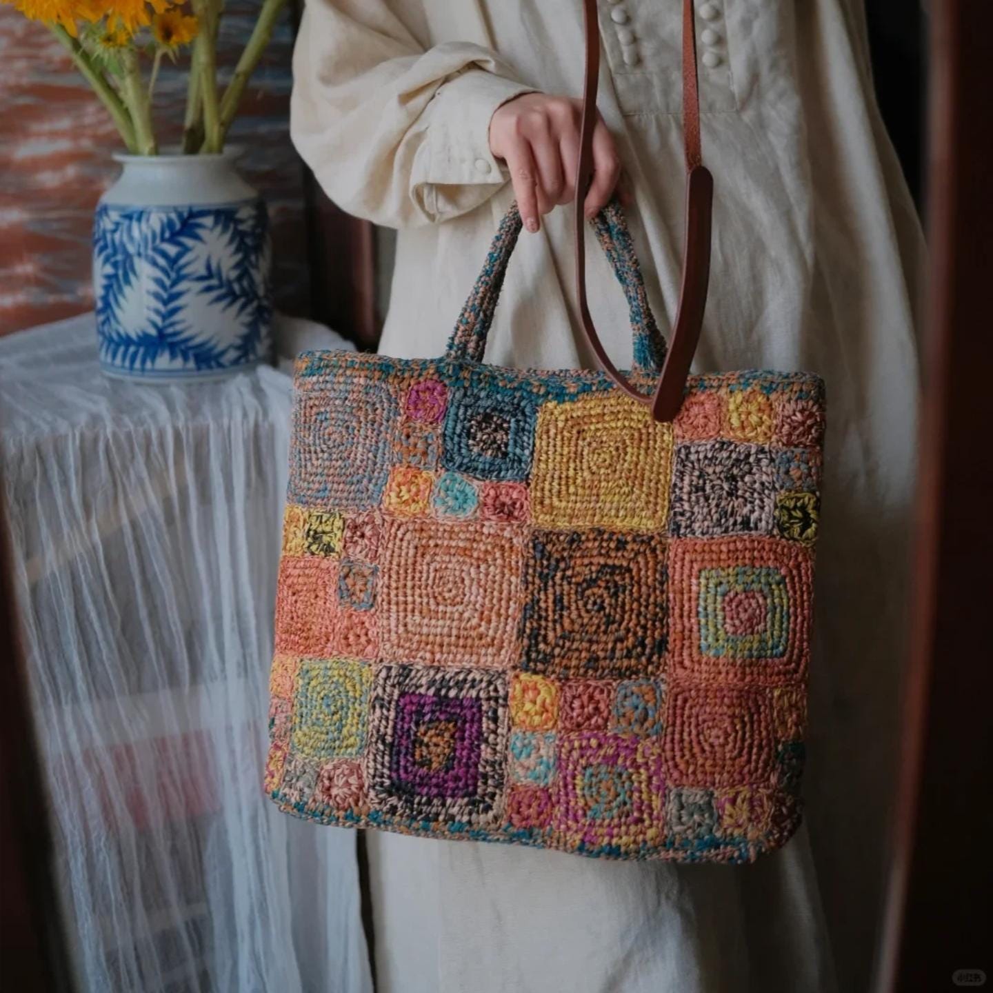 Handmade Crochet Raffia Tote Bag, Colorful Patchwork Boho Purse with Cotton Lining, Unique Artisan Beach Bag for Women,Gift for her