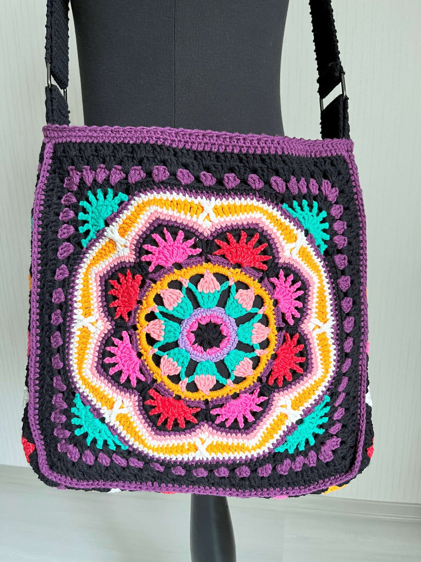 Crochet Crossbody Bag: Black Mandala Patchwork, Boho Hippie Style