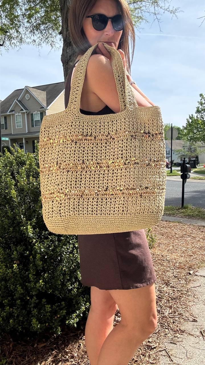 Handmade Raffia Crochet Tote Bag with Sequins, Boho Beach Accessory