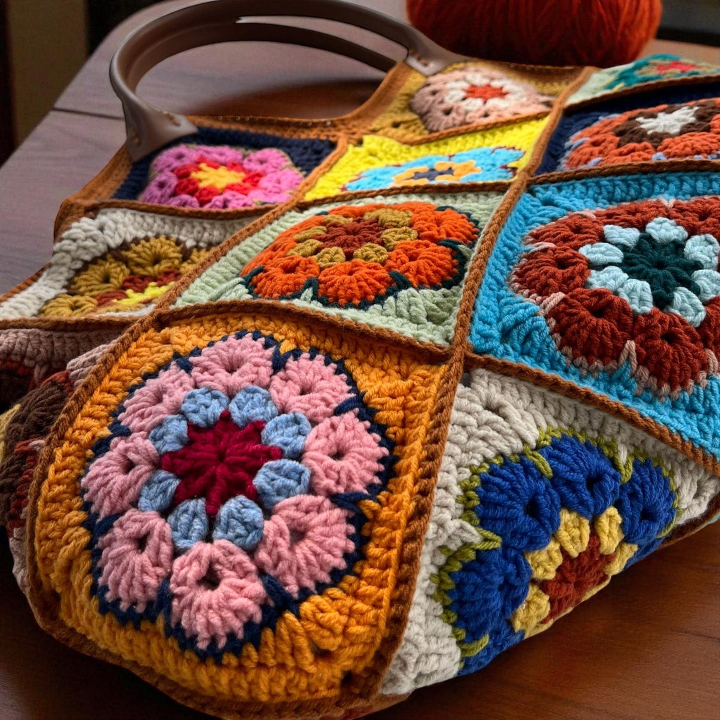 Colorful Crochet Granny Square Bag: Leather Handle Handmade Purse