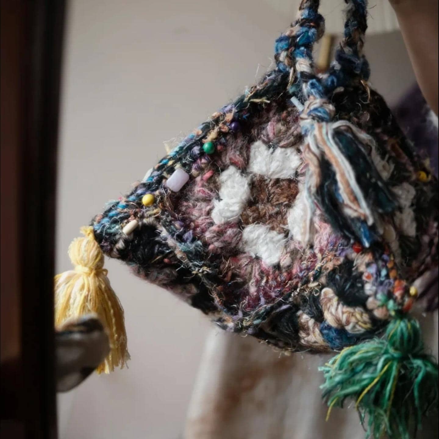 One-of-a-Kind Crochet Pyramid Bag, Hand-Blended Yarn Granny Square Tote, Boho Tassel Shoulder Bag, Unique Wearable Fiber Art Gift