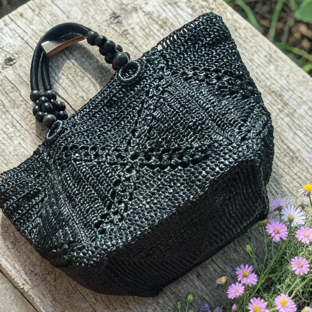 Handmade raffia tote bag, crochet large straw beach bag, summer woven handbag, black shoulder bag, big market bag for women, gift for her