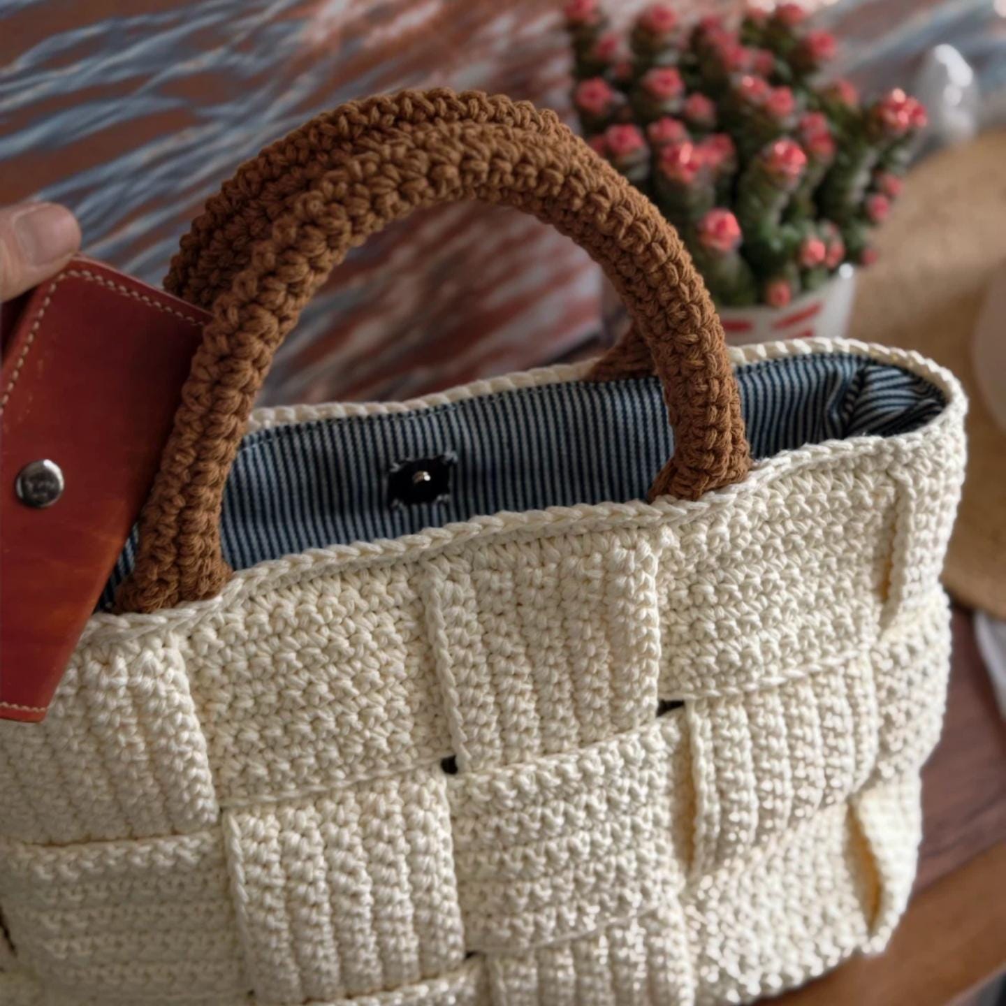 Classic Handmade Crochet Tote - Heavy-Duty Woven Basket Purse, Large Capacity Knit Shoulder Bag with Secure Snap Button, Gift for mon