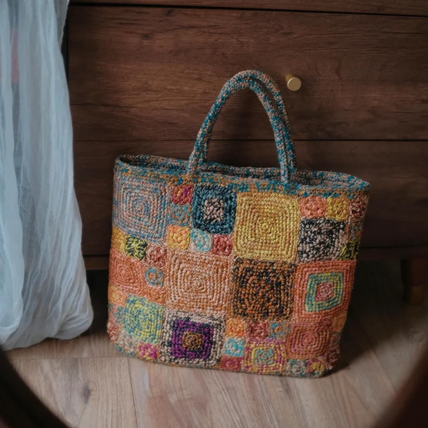 One-of-a-Kind Raffia Crochet Bag, Heavy-Duty Handwoven Tote with Magnetic Closure, Bohemian Summer Shoulder Bag, Gift for her