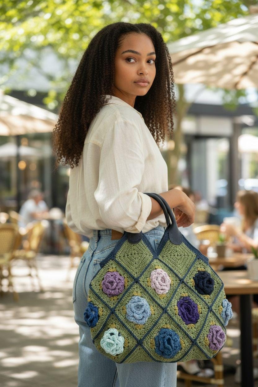 Handmade Crochet Granny Square Tote â€?3D Flower Pastel Boho Bag