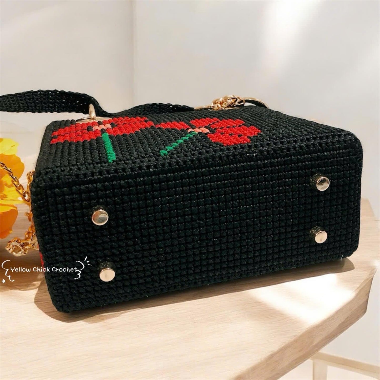 Rose Crochet Handbag, Black Box Bag with Red Rose, luxury bag, Rose bag, Mother's Day gift, elegent handmade bag