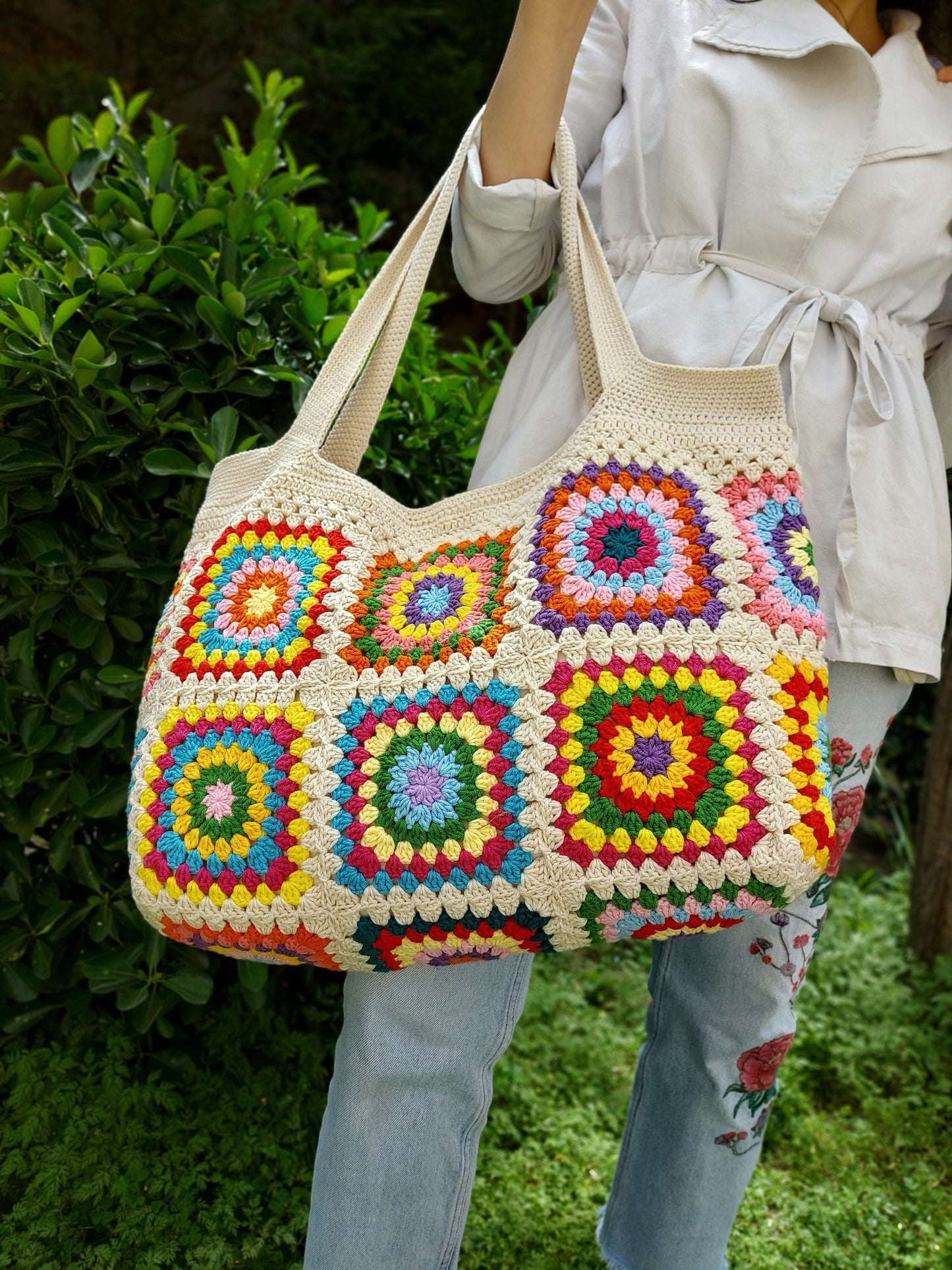 Granny Square Bag, Crochet Handle Bag, Crochet Bag, Shoulder Tote Bag, Handbags for Woman