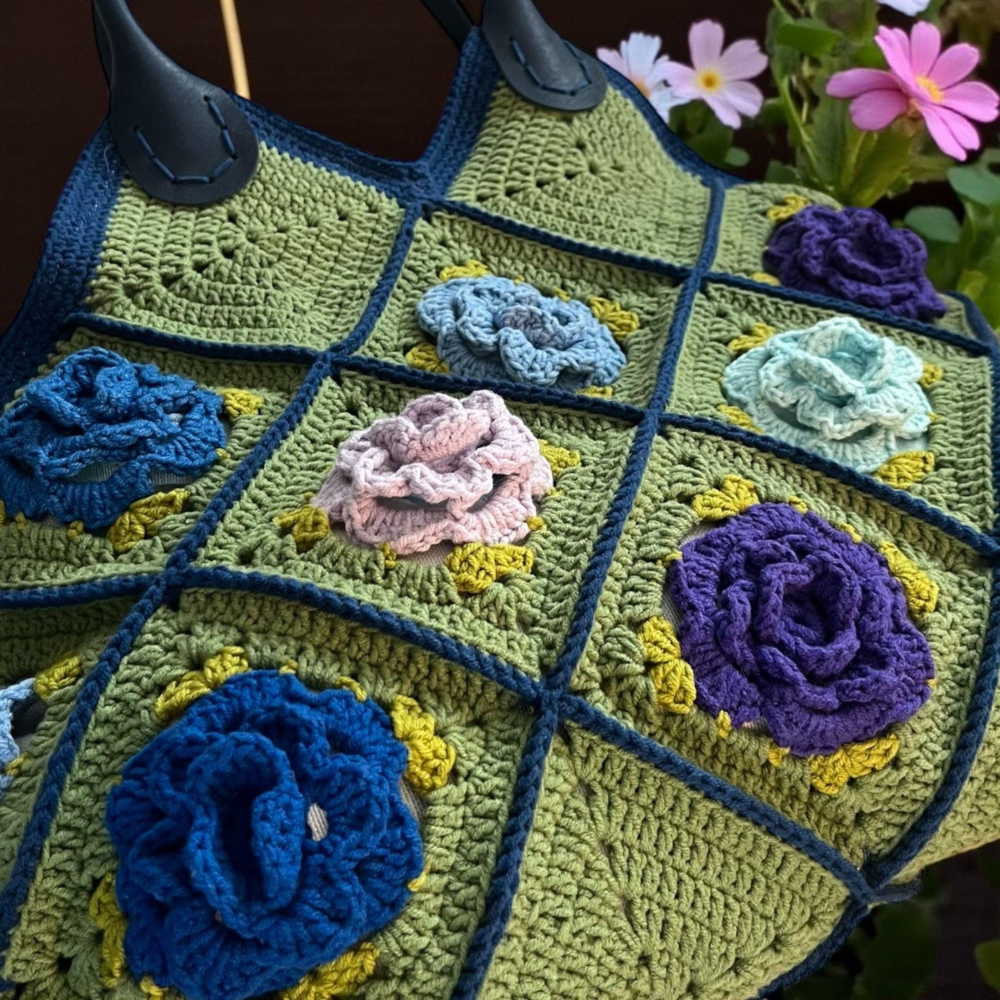 Handmade Crochet Granny Square Tote â€?3D Flower Pastel Boho Bag