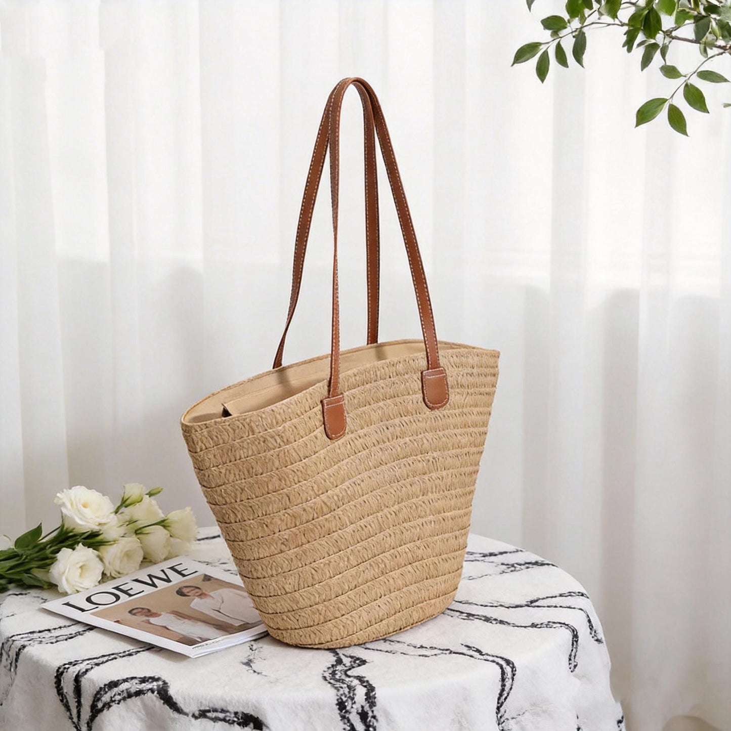 Handmade Straw Bag with Leather Handles | Summer Raffia Tote Hand Bag | Beach Vacation Purse
