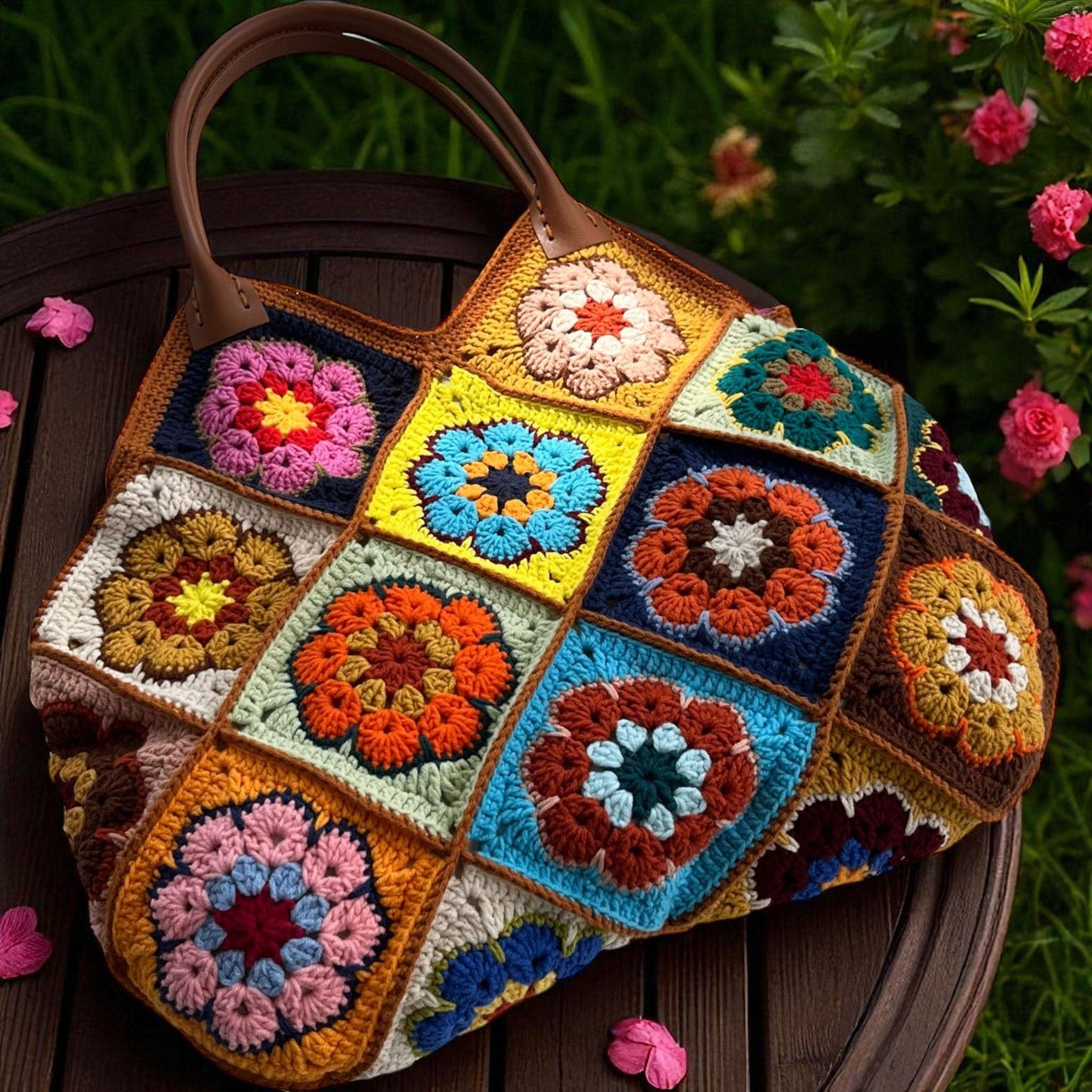 Colorful Crochet Granny Square Bag: Leather Handle Handmade Purse