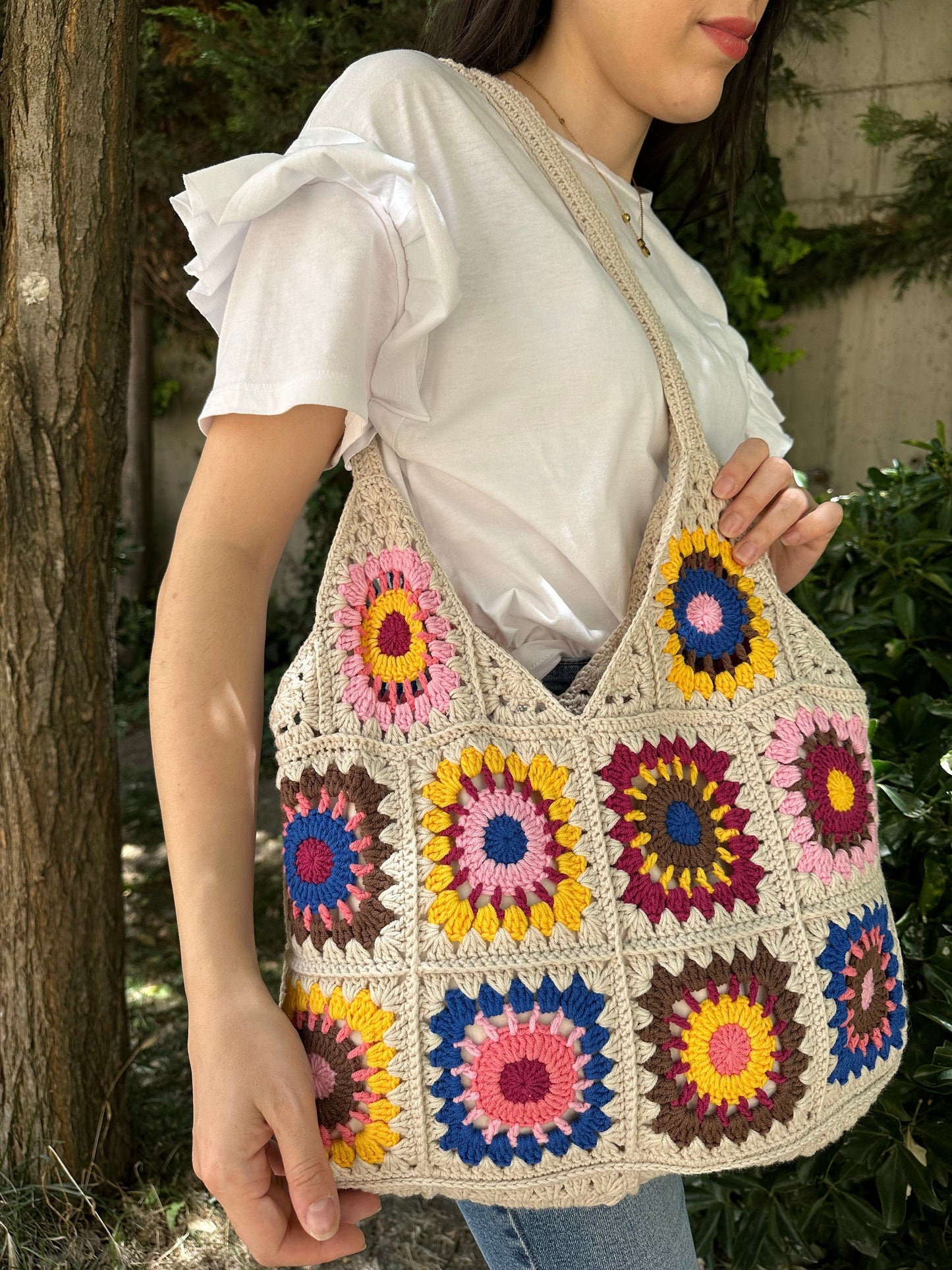 Crochet Granny Square Bag: Boho Patchwork Shoulder Bag, Handbags for Woman