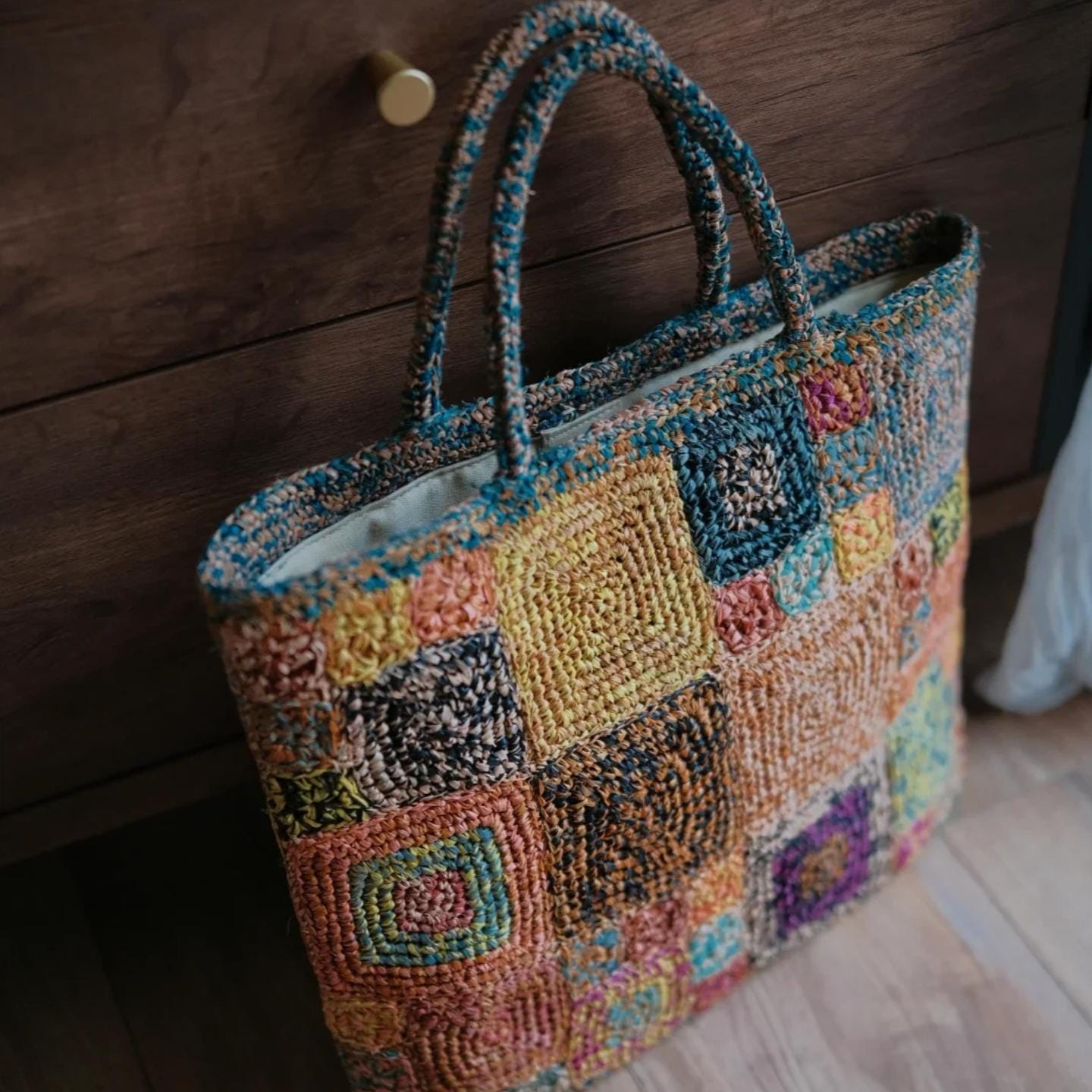 Handmade Boho Chic Raffia Handbag, Colorful Crochet Tote Bag, Woven Beach Bag with Magnetic Snap, Perfect for Vacation, Gift for Her